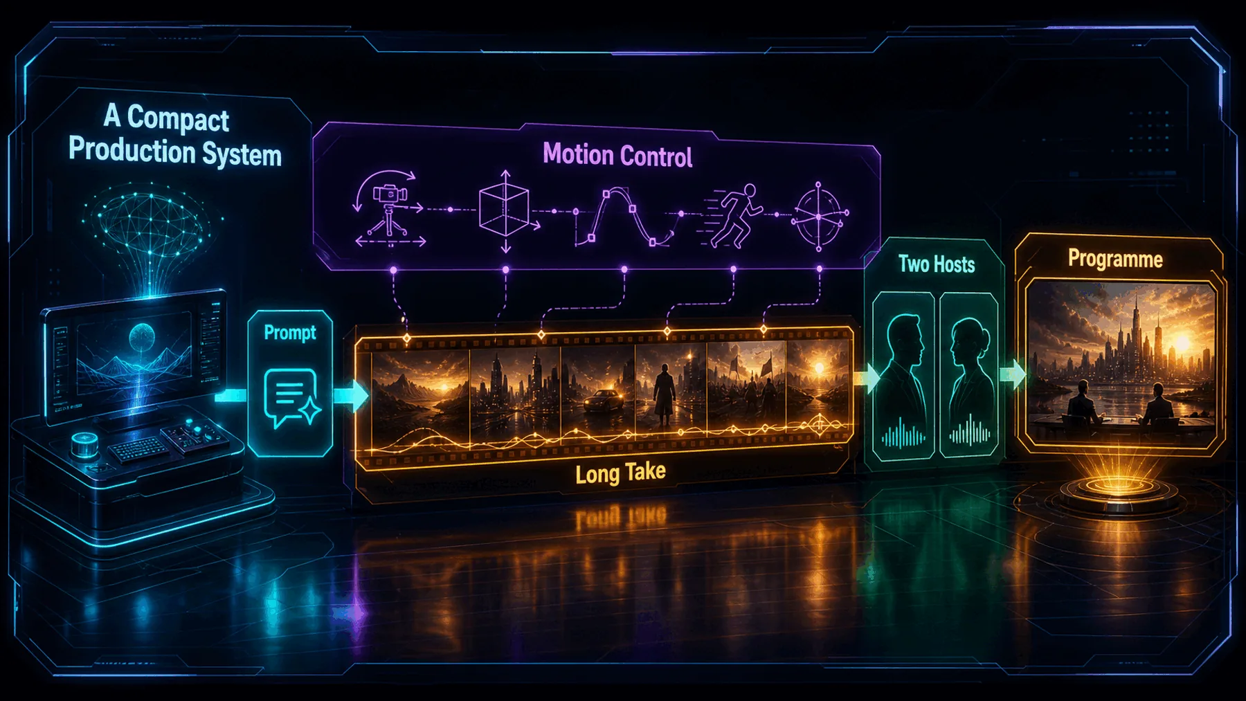 Conceptual creator production setup expanding from a prompt into long-form motion-controlled two-host programme production.