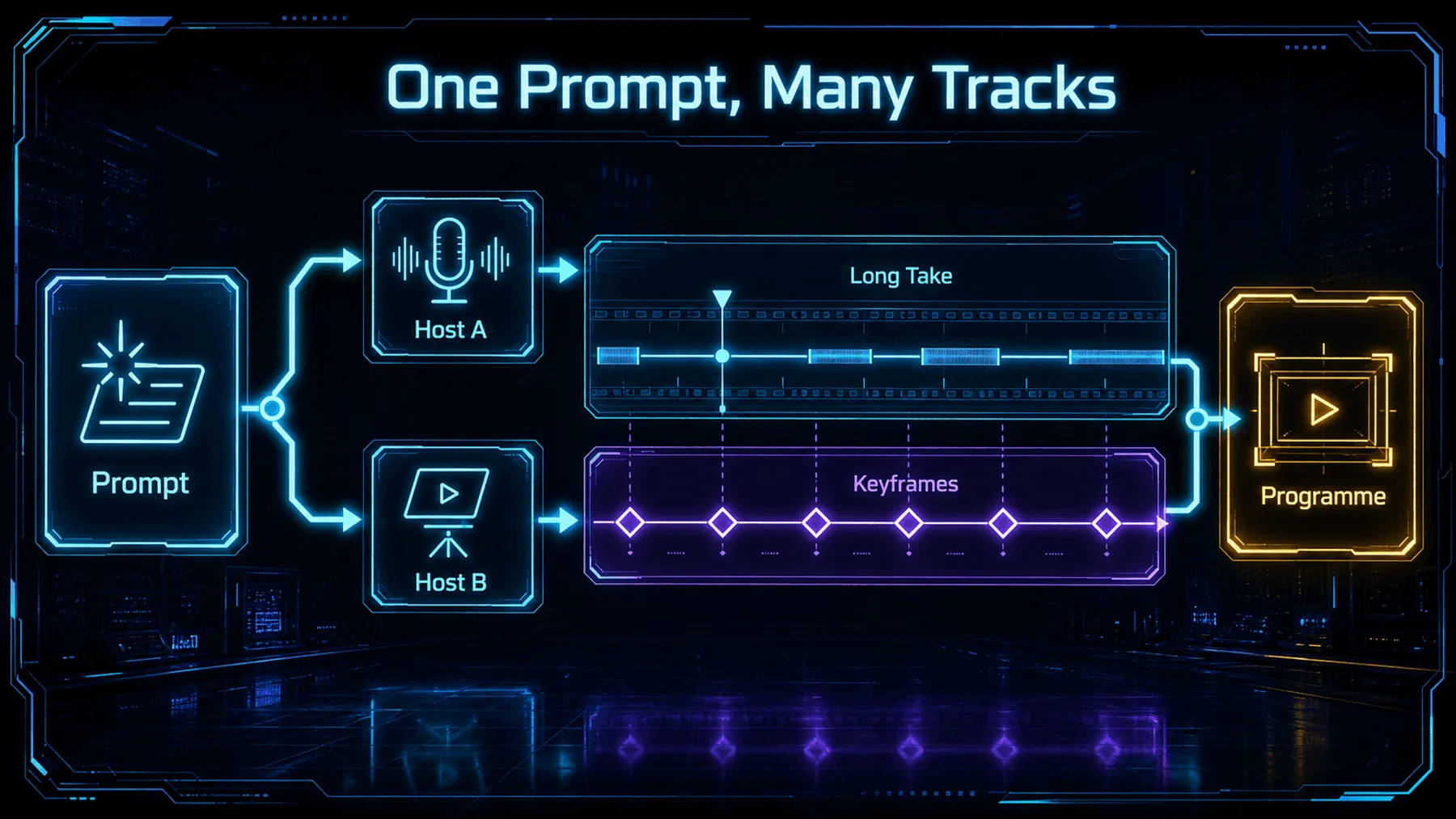 Conceptual flow from one prompt through two host tracks, a long take and keyframes to a programme frame.