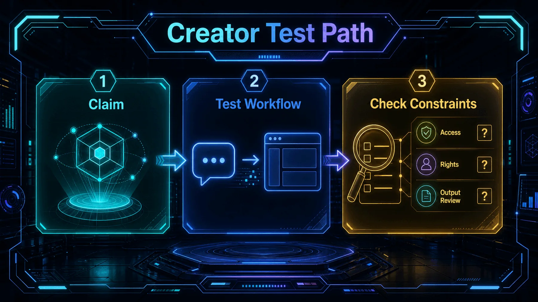 Three-stage creator test path separating the announcement claim, workflow testing and constraints requiring verification.