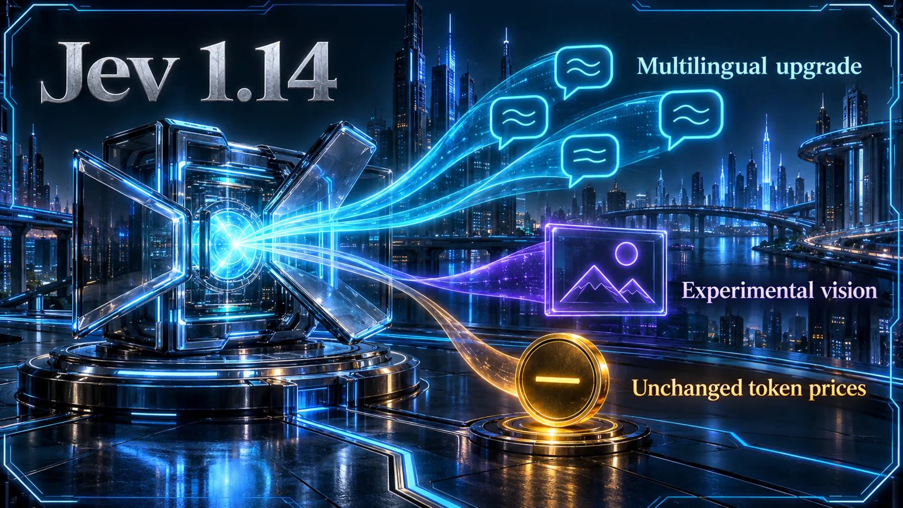 Jev 1.14 opens into multilingual channels and an experimental vision window while token prices remain unchanged.