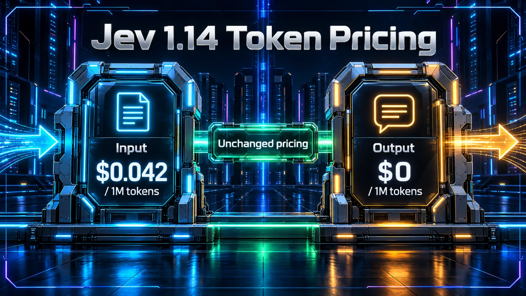 Jev 1.14 unchanged token pricing: input costs $0.042 per million tokens and output costs $0 per million tokens.