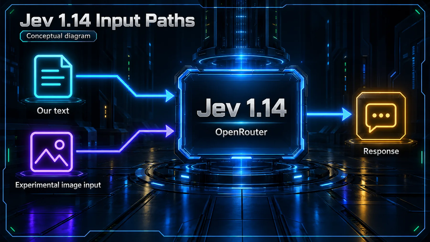 Conceptual diagram showing our text or experimental image input leading to Jev 1.14 on OpenRouter, then a response.