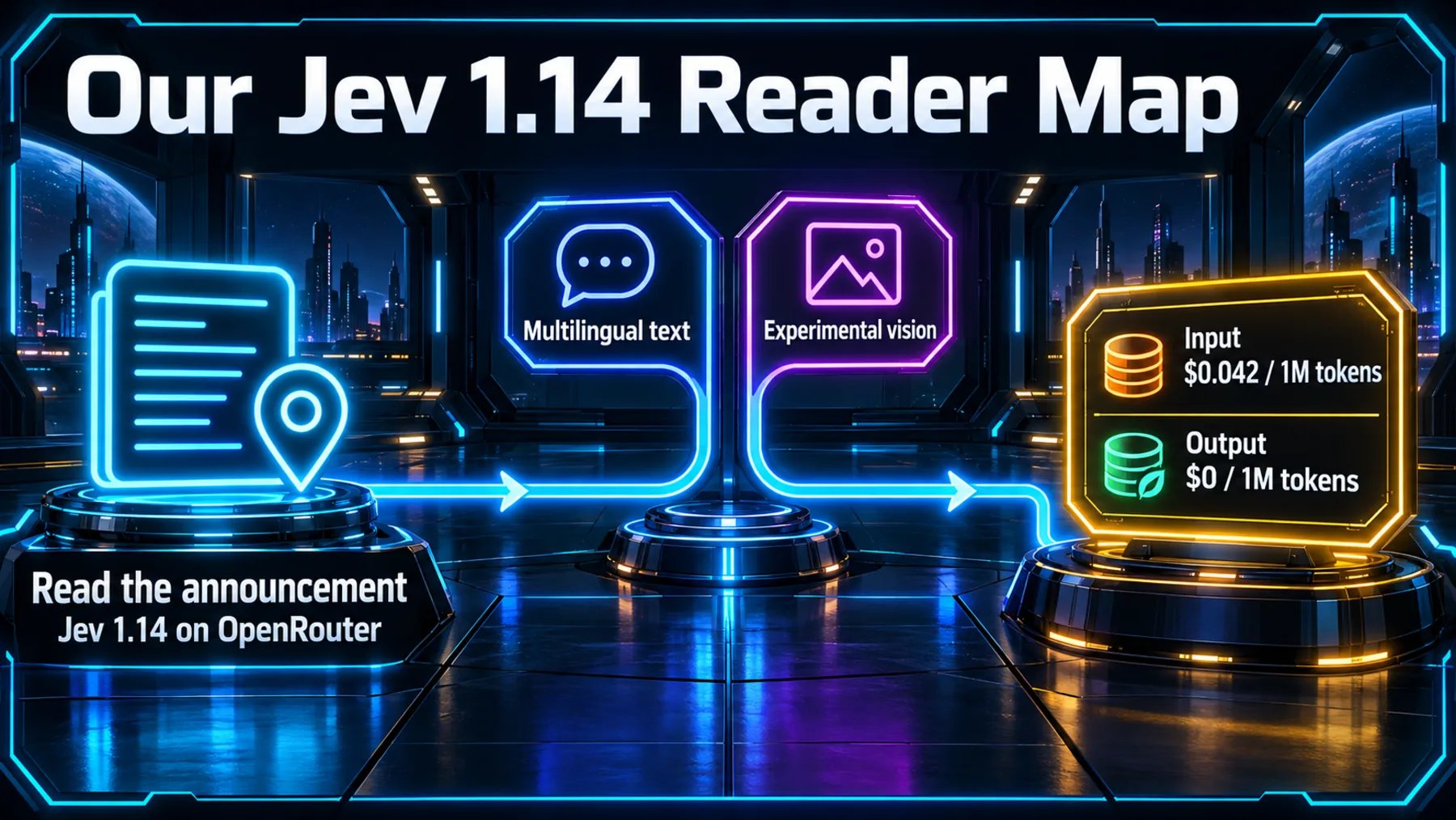 Our reader map starts with the Jev 1.14 announcement on OpenRouter, distinguishes multilingual text and experimental vision, and separates input at $0.042 per million tokens from output at $0 per million tokens.
