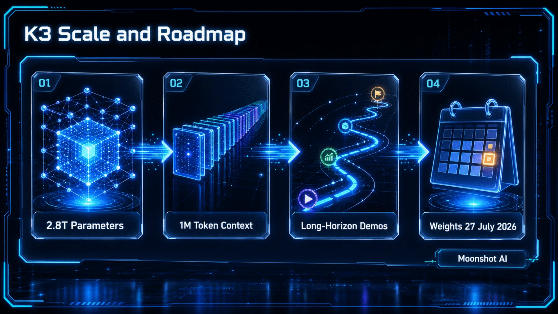 Moonshot AI's stated Kimi K3 scale, context, long-horizon demonstrations and weights-release roadmap.