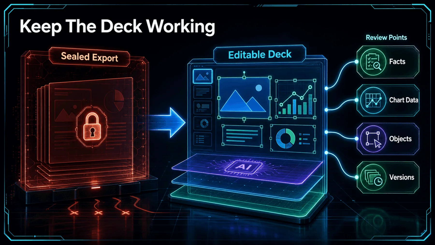 A sealed presentation export contrasts with an editable deck connected to review points for facts, chart data, objects and versions.