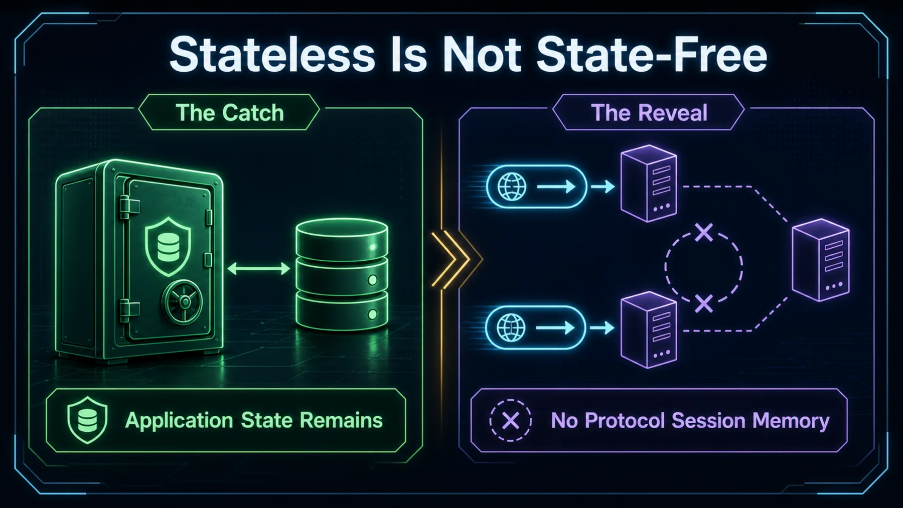 A comparison shows that application state remains while remote servers no longer retain protocol-session memory between requests.