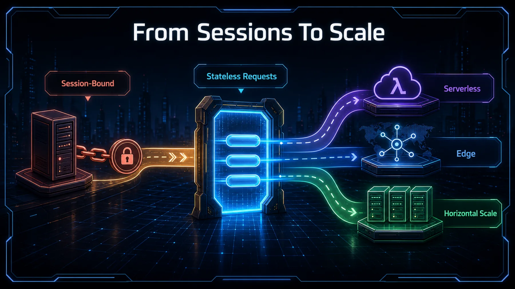 A roadmap progresses from a session-bound server through stateless requests to serverless, edge and horizontal-scale deployment shapes.