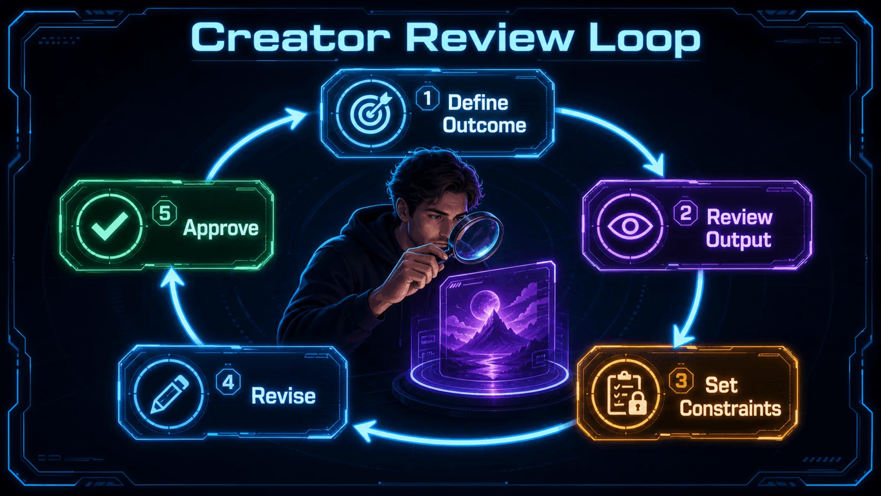 Conceptual creator loop from outcome definition through review and approval.