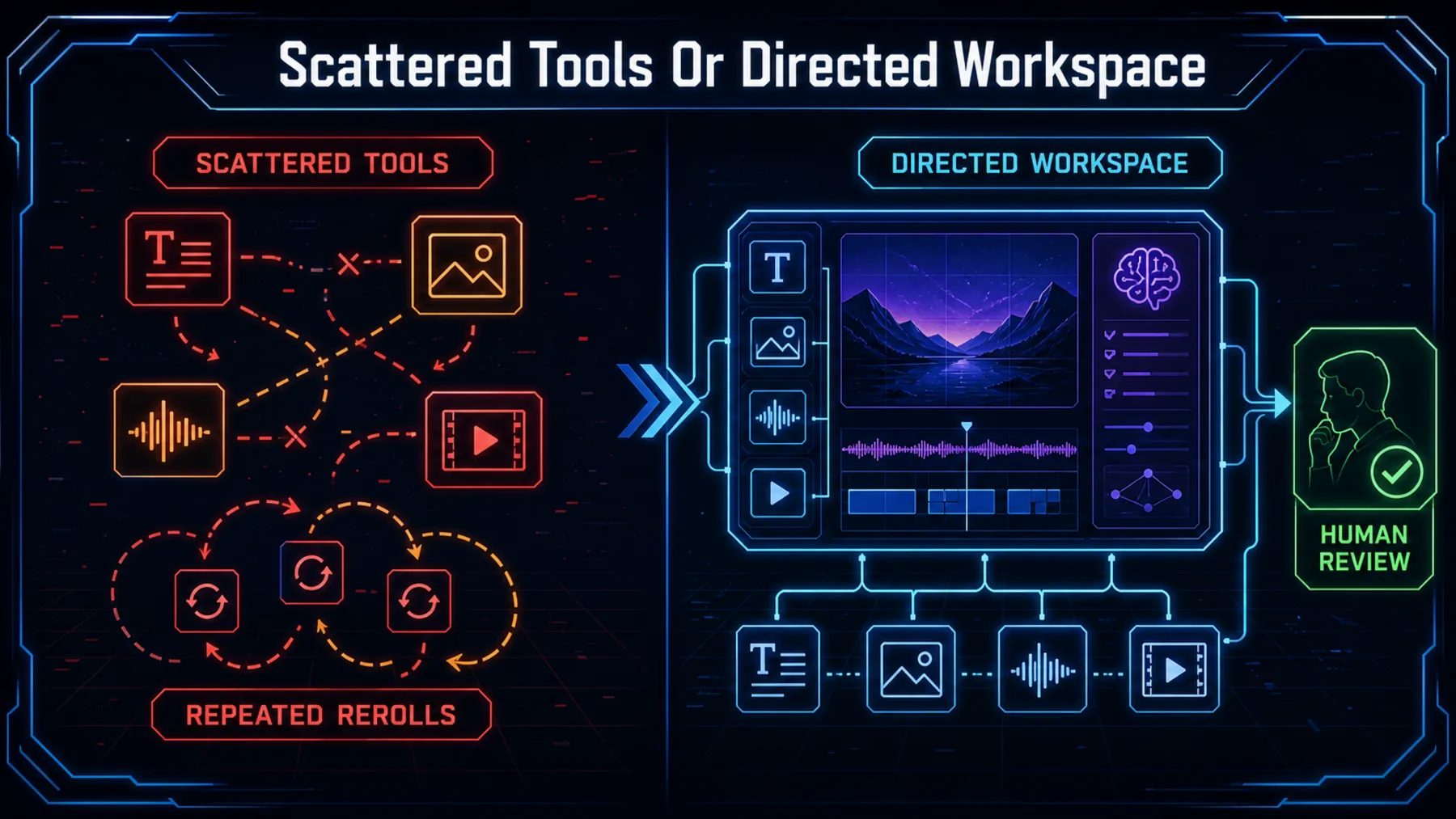 A split comparison contrasts scattered creative tools and repeated rerolls with a directed workspace and human review.