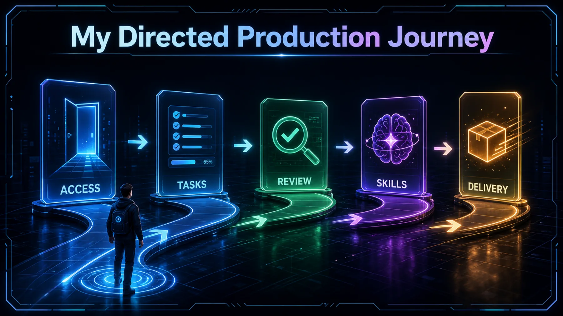 A creator follows a connected path through access, tasks, review, reusable skills and delivery.