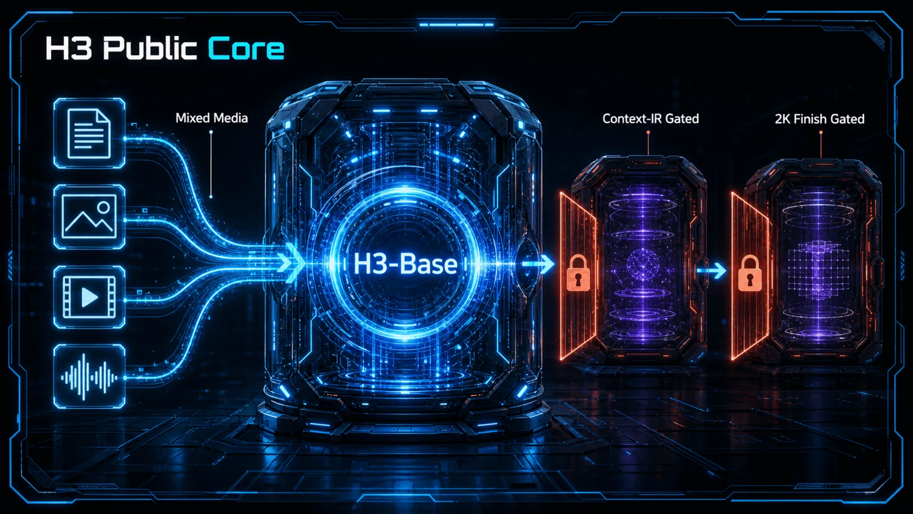 Mixed-media inputs converge on a luminous H3-Base engine while Context-IR and the 2K finishing stage remain gated.