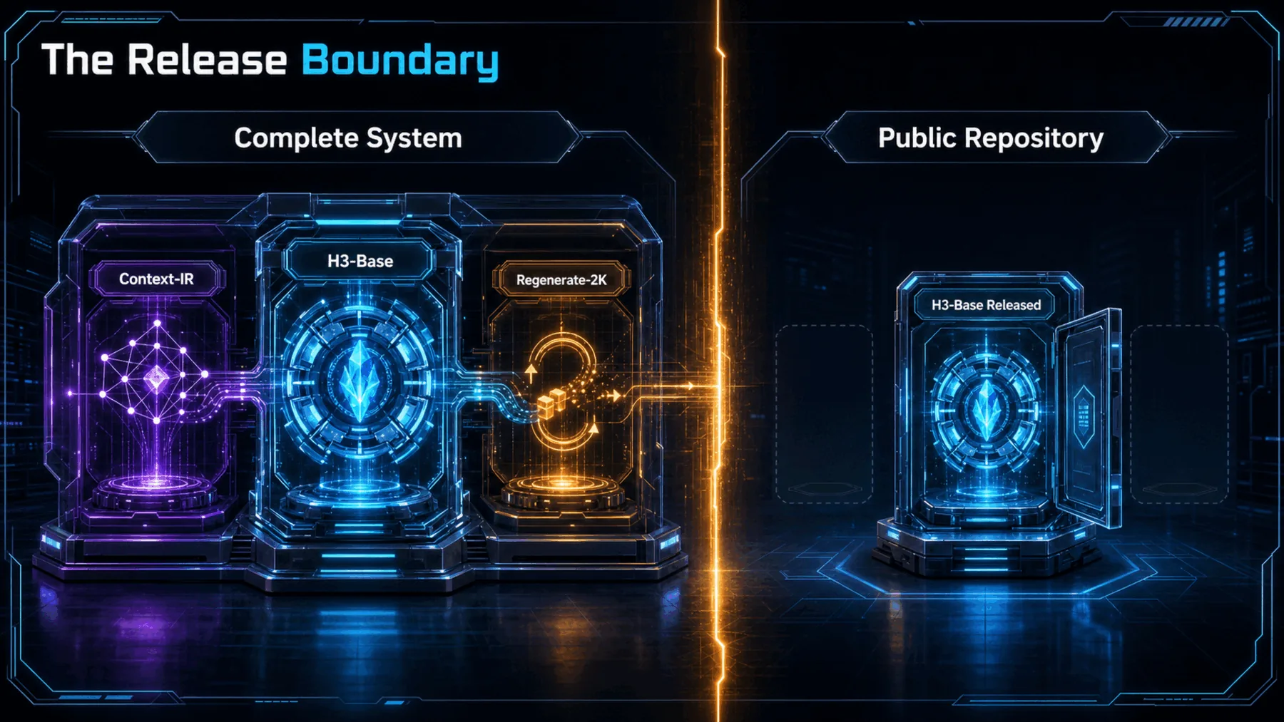 A split neon comparison between the complete three-module H3 system and a smaller public repository containing H3-Base alone.