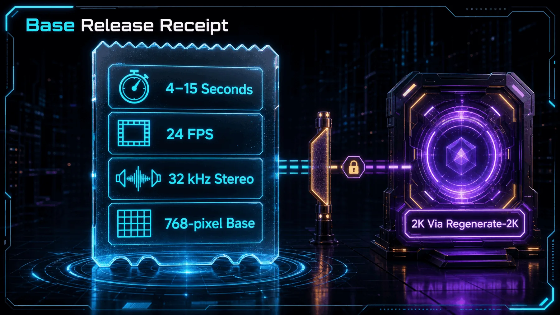 A neon specification receipt showing H3-Base duration, frame rate, stereo audio and base resolution, with 2K isolated behind Regenerate-2K.