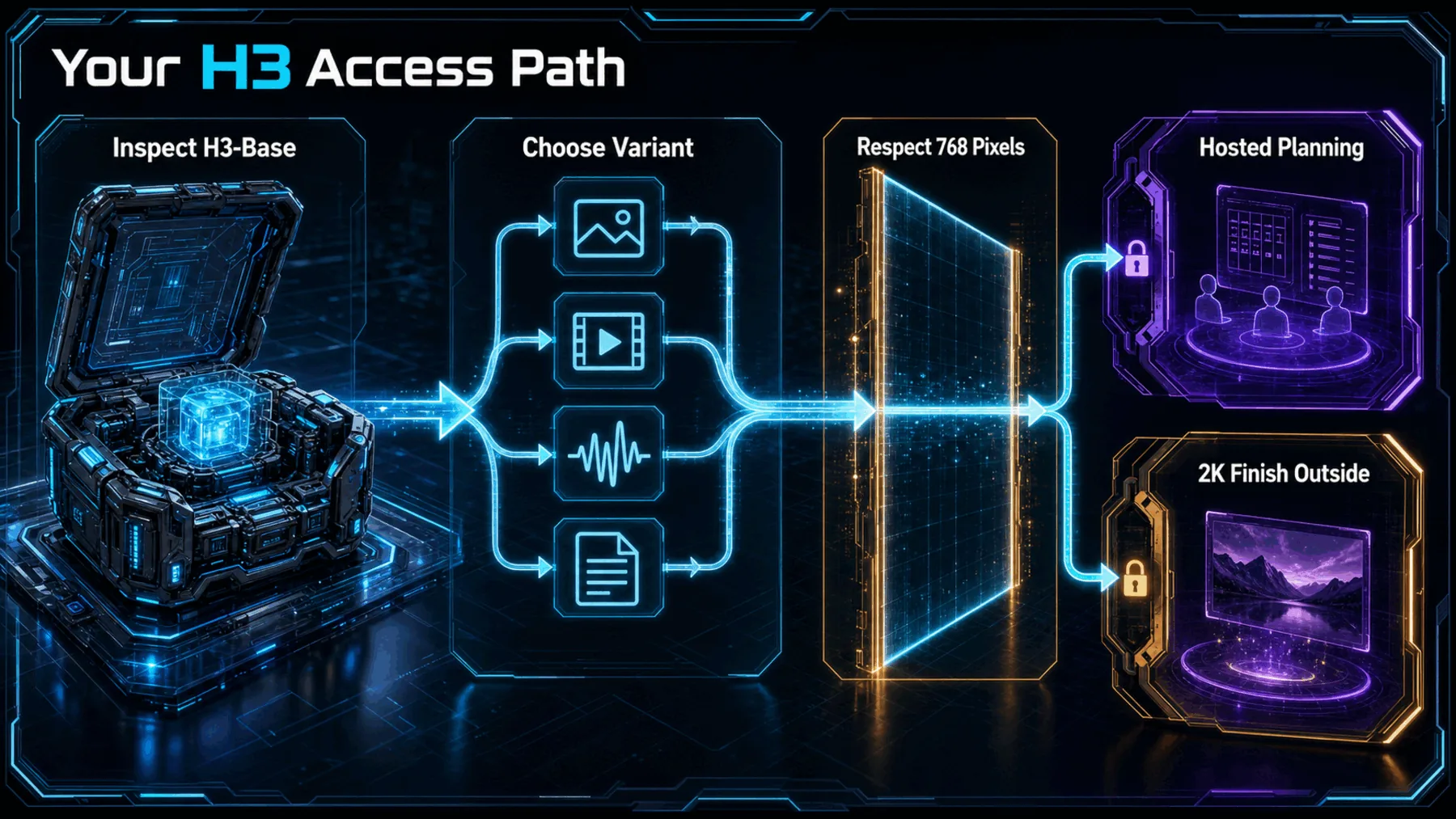 A neon pathway from inspecting H3-Base through variant selection and the 768-pixel boundary to externally gated planning and 2K finishing.