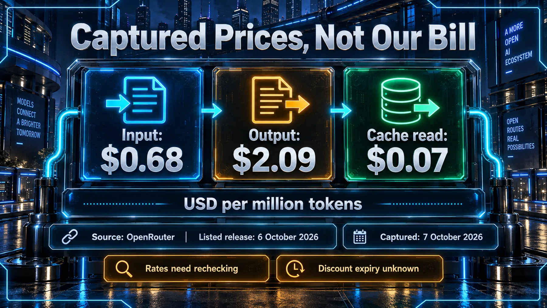 OpenRouter's captured USD input, output and cache-read prices per million tokens, with capture date and rate-recheck caveats.