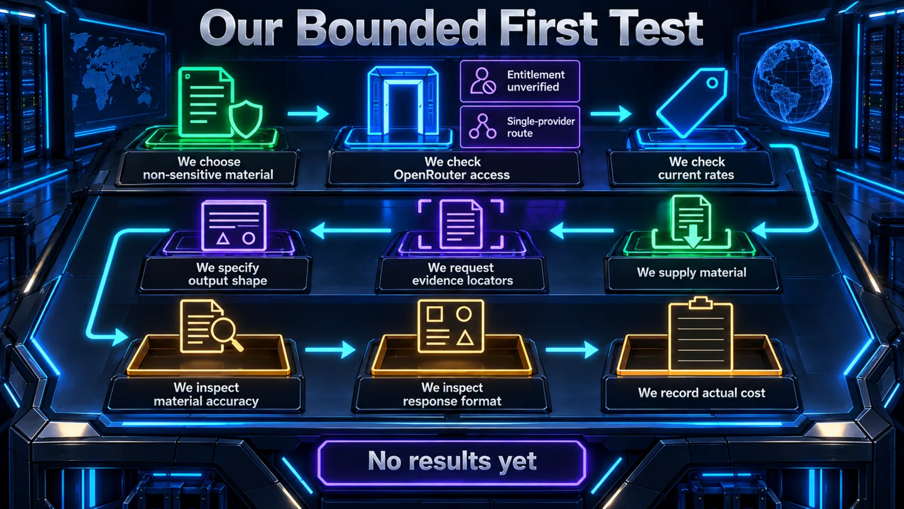 An unscored hypothetical evaluation path with separate accuracy, format and cost checks.