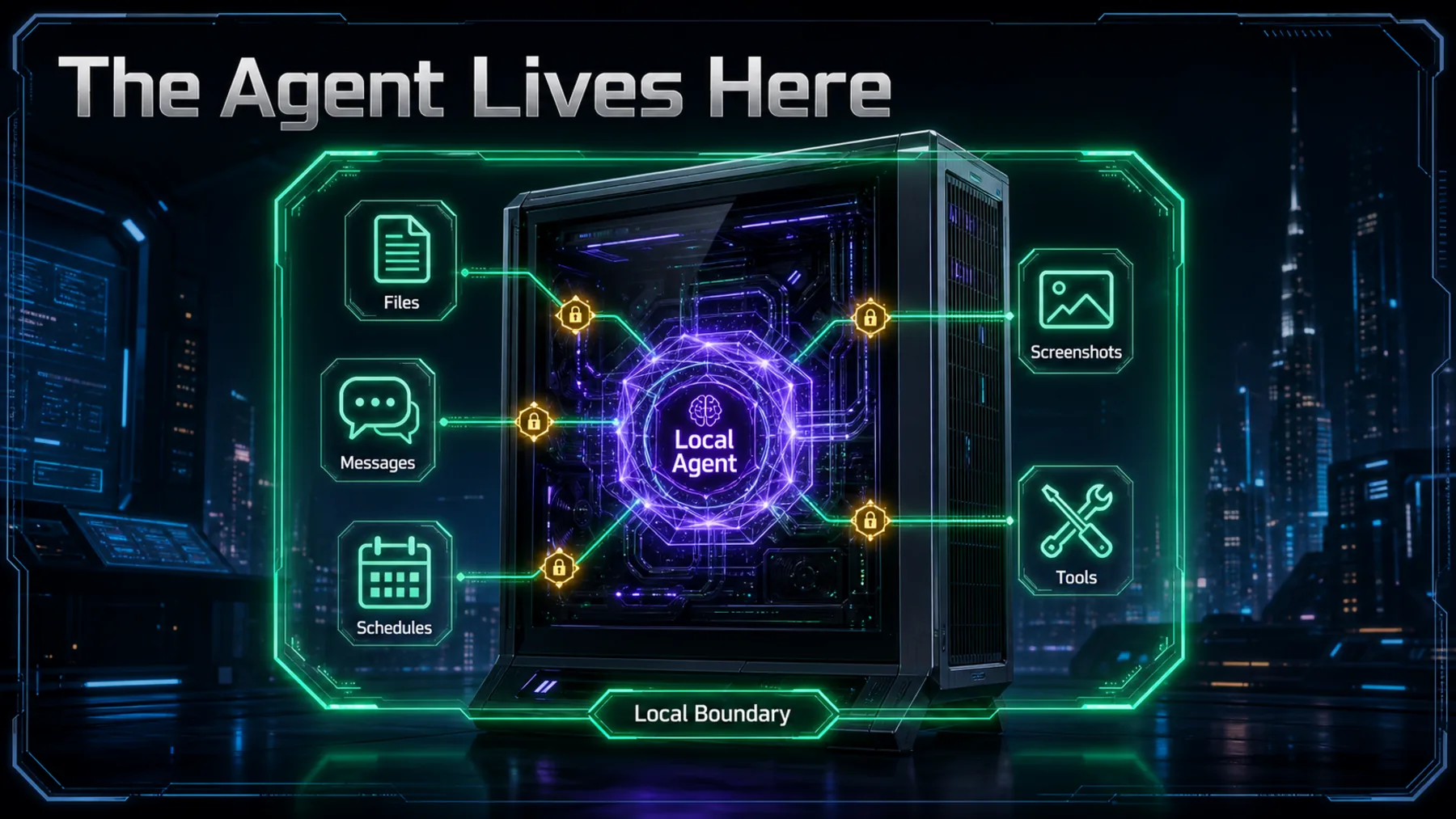 Cinematic neon hero showing a local agent and personal-context tools contained within one high-memory workstation boundary.