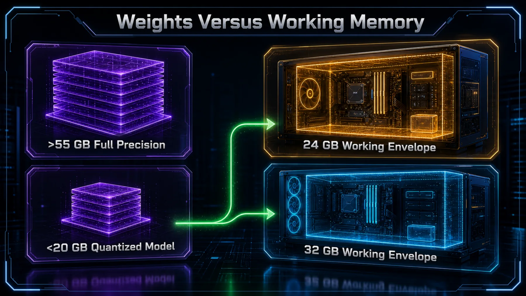 Neon comparison separating full-precision and quantized model weights from 24 GB and 32 GB complete working-memory envelopes.
