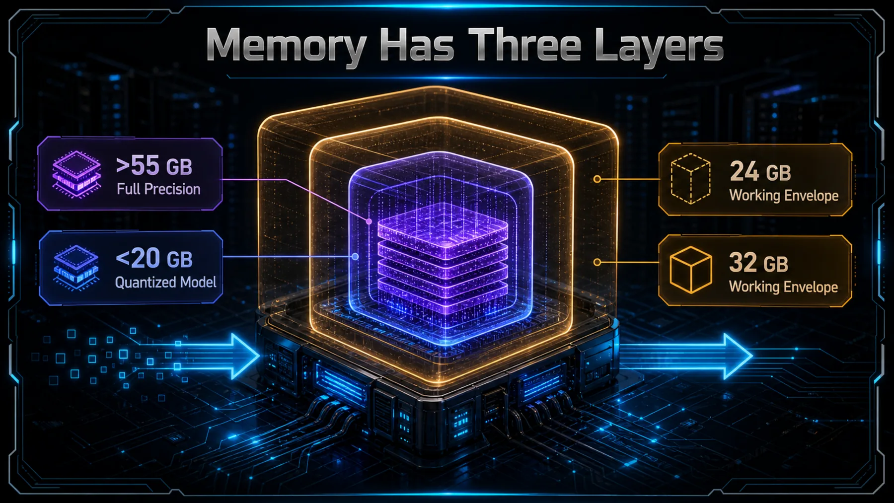 Neon infographic separating full-precision and quantized model weights from 24 GB and 32 GB complete working-memory envelopes.