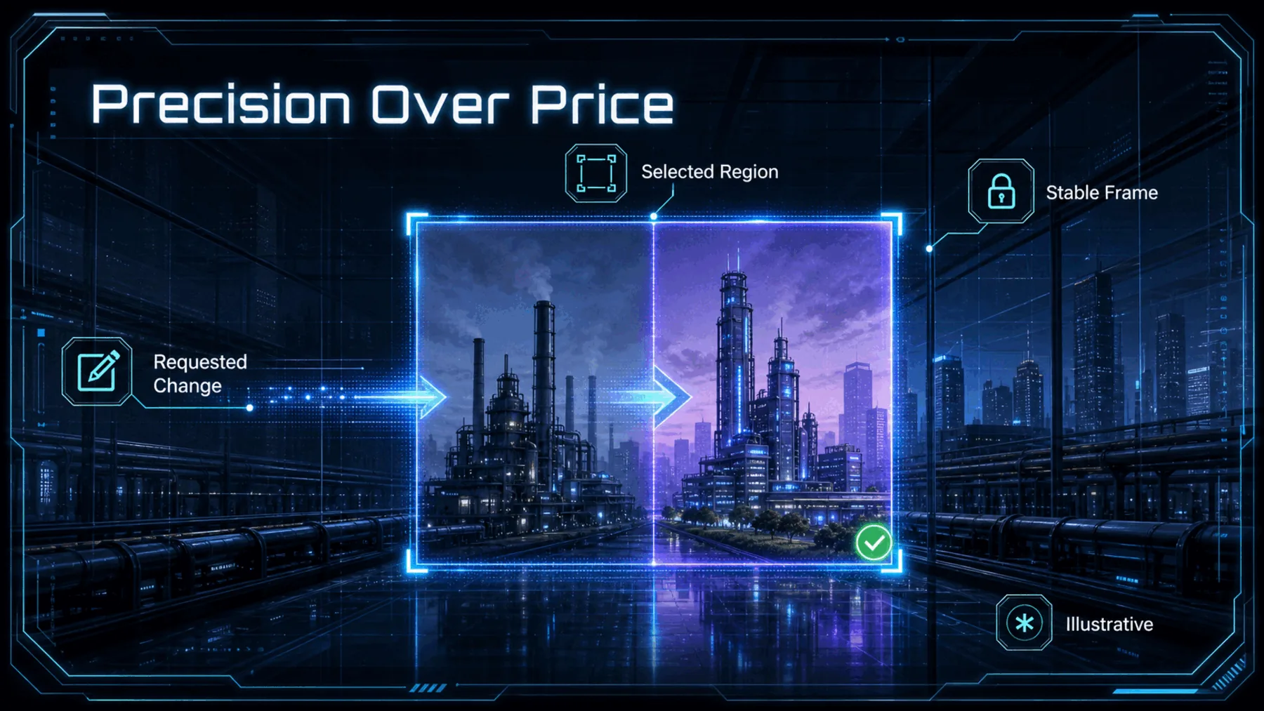 Cinematic controlled-revision image showing one selected region changing within a stable frame.
