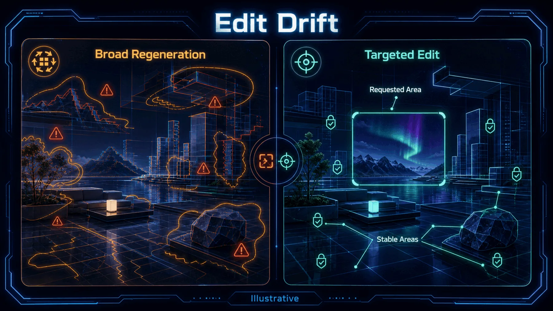 Illustrative split comparison between broad regeneration drift and a targeted edit with stable areas.