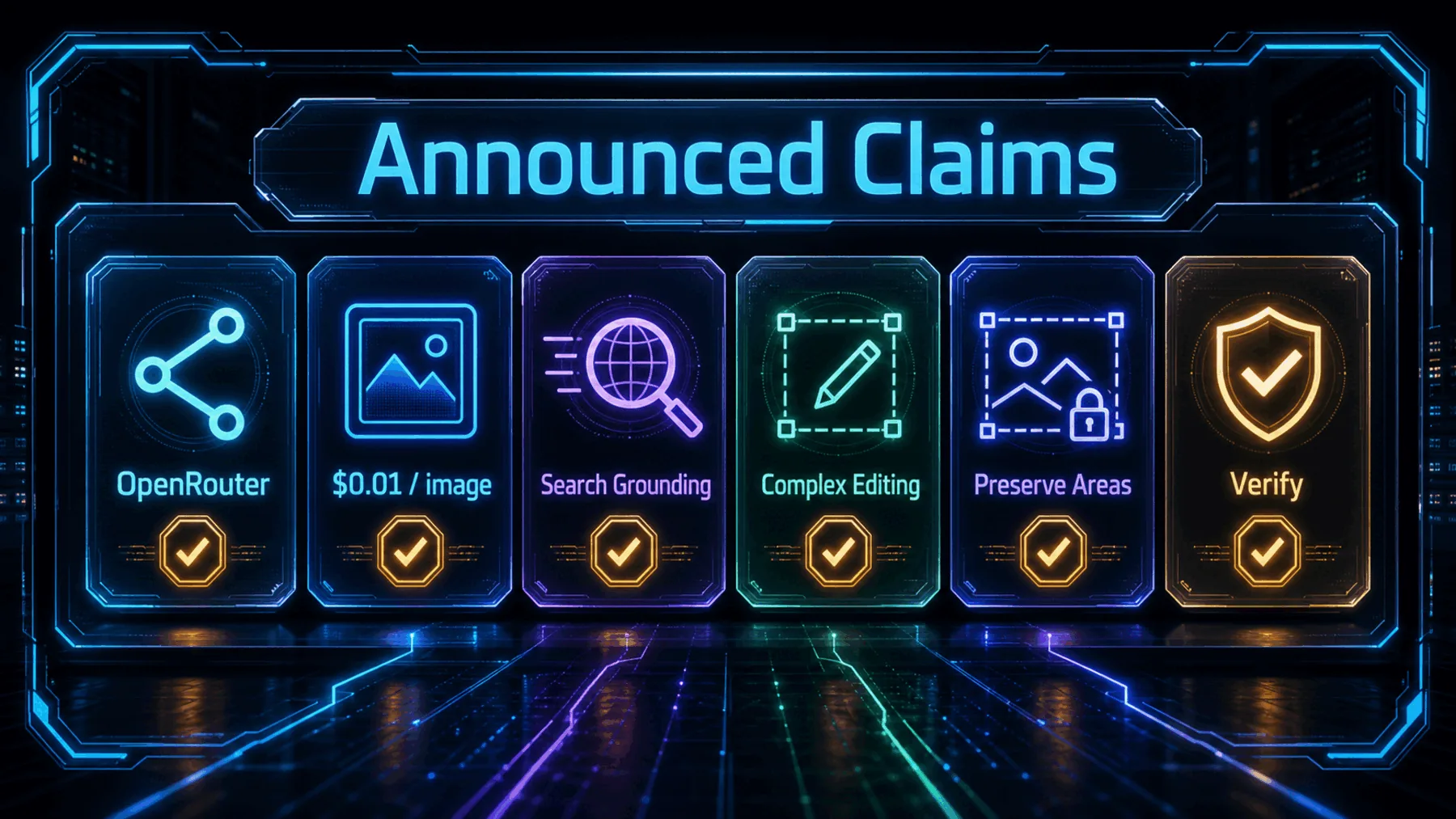 Neon claim board showing OpenRouter announcement claims alongside verification markers.