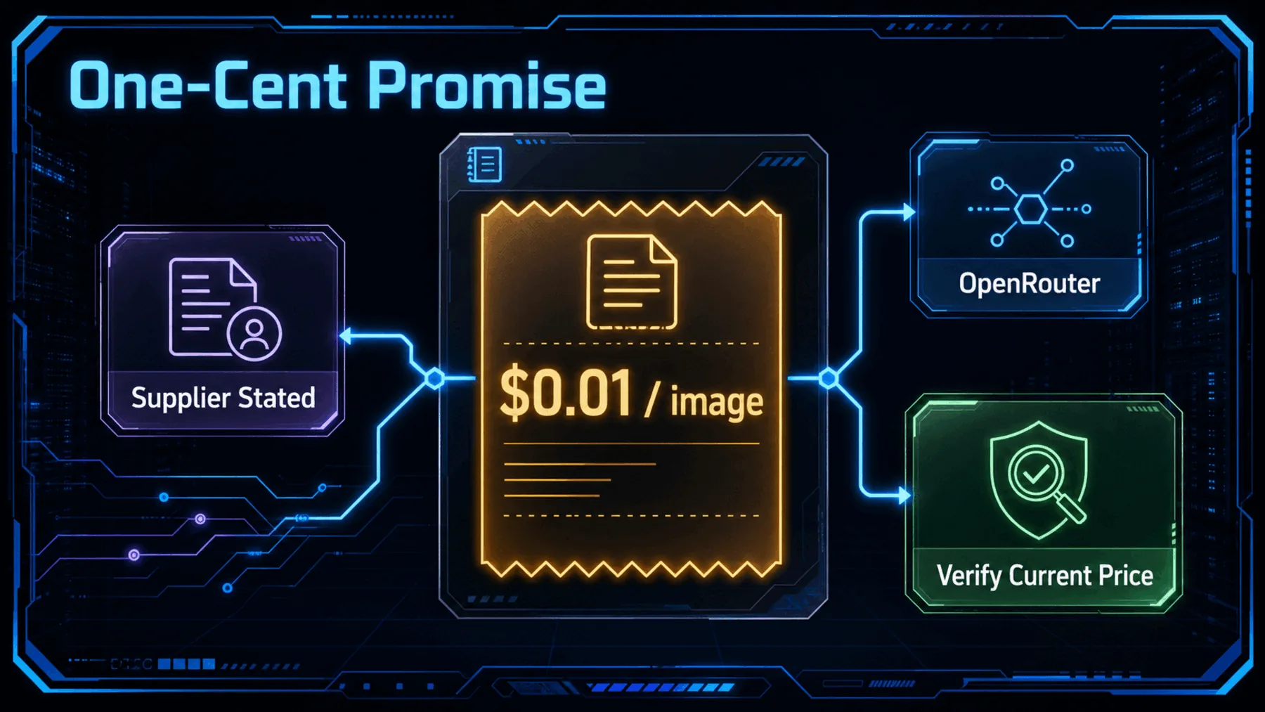 Neon receipt visual framing OpenRouter’s published one-cent-per-image price.