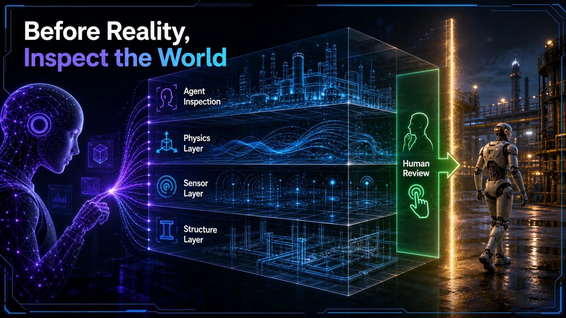 An AI agent inspects hidden physics, sensor and structural layers in a simulated world before a robot reaches reality.