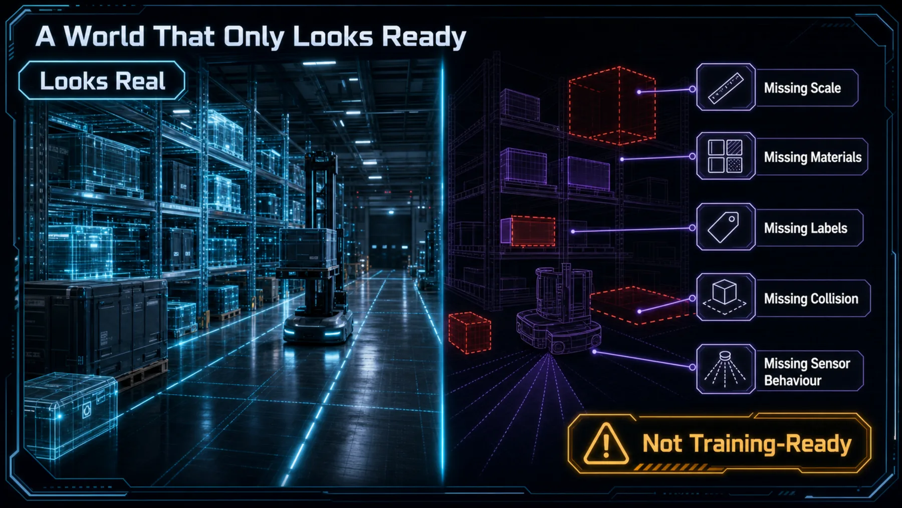 A convincing simulated industrial world contrasted with missing scale, materials, labels, collision and sensor behaviour that prevent training use.