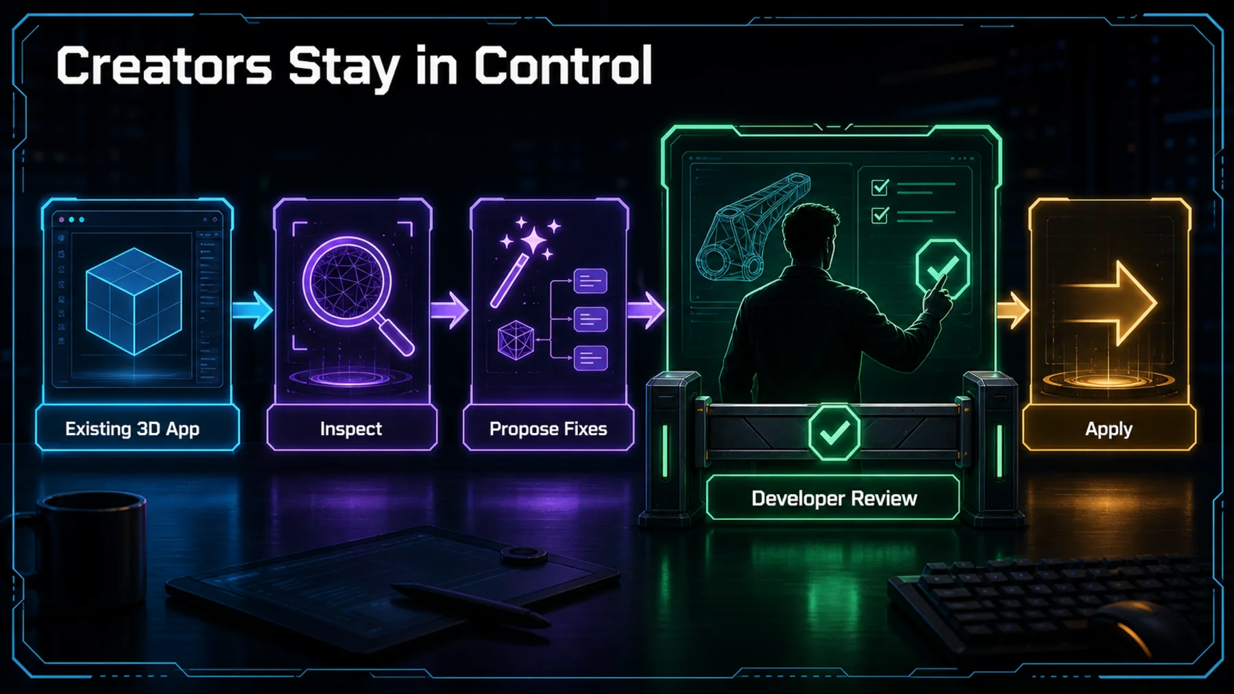 Workflow from an existing 3D application through agent inspection and proposed fixes to developer review and application.