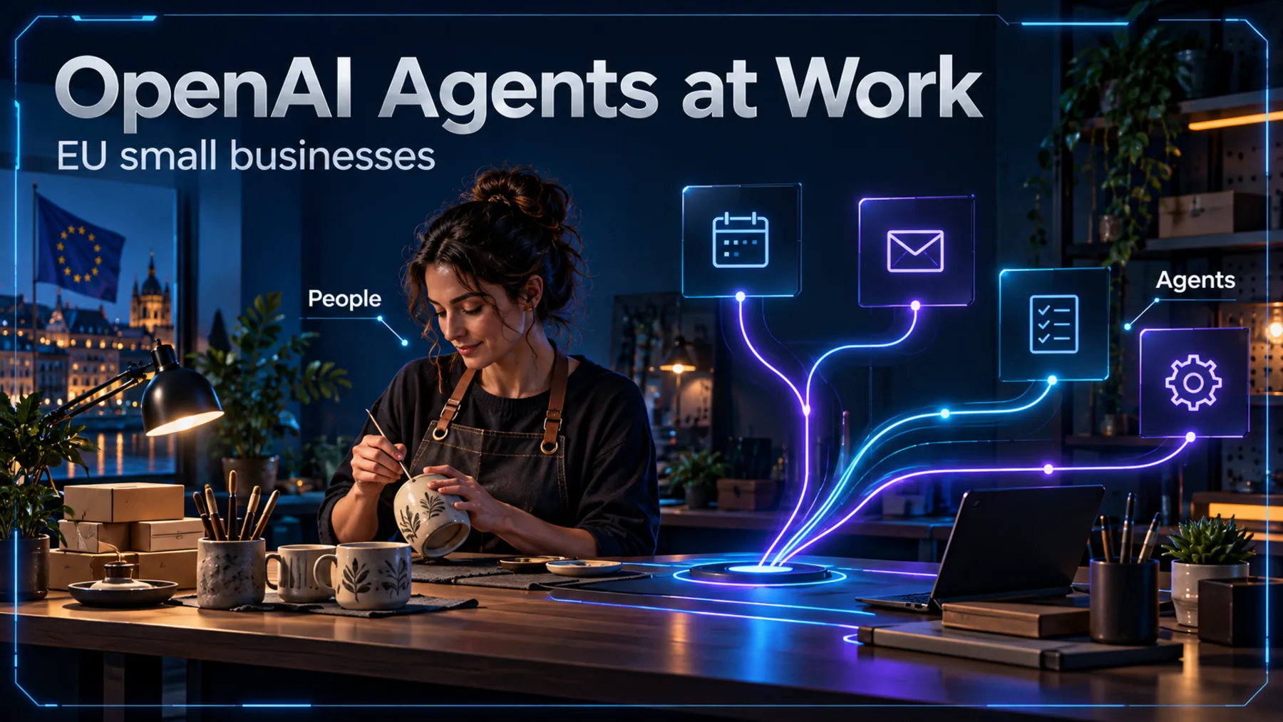 A small-business owner at a workbench with luminous agent task pathways.