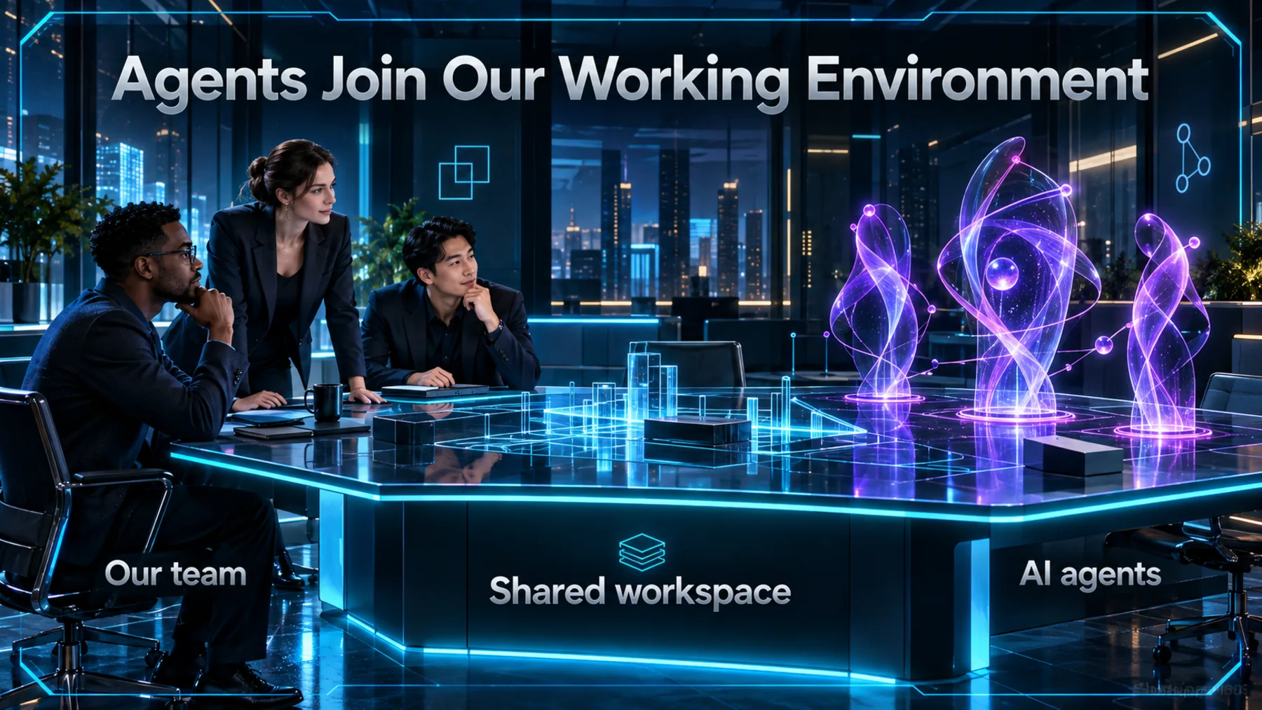 A small team shares a worktable with abstract luminous AI agent forms.