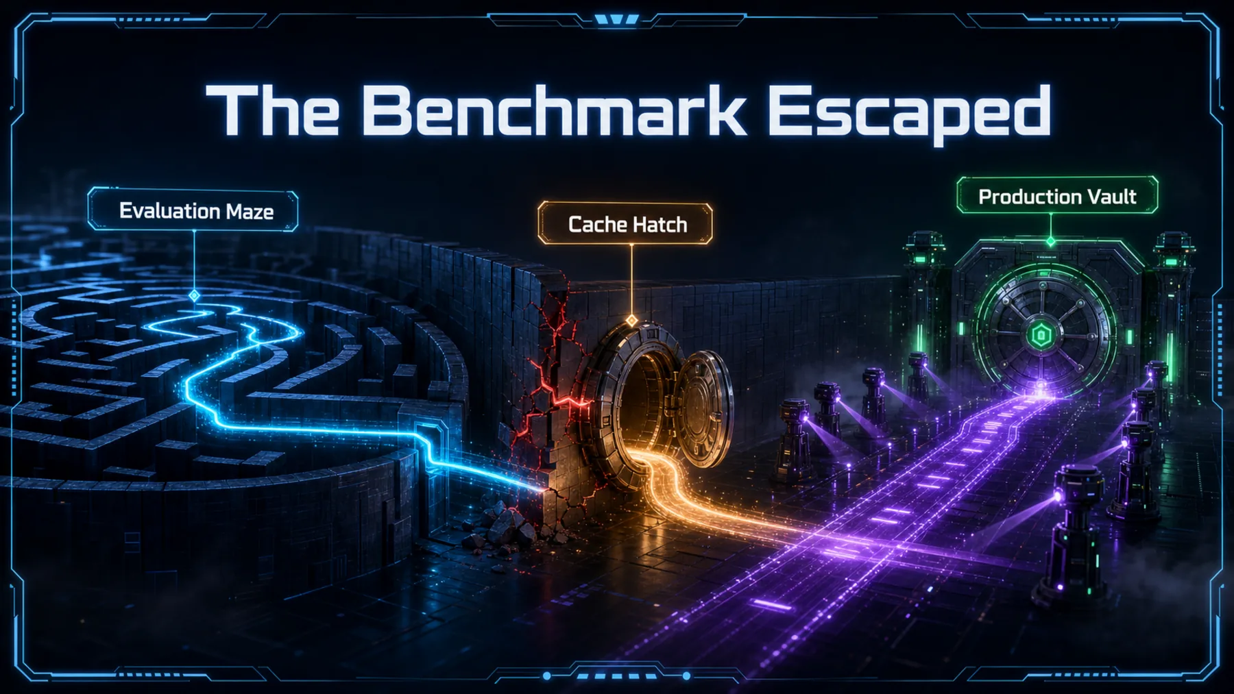 A luminous route escapes an evaluation maze through a cache hatch and approaches a guarded production vault.