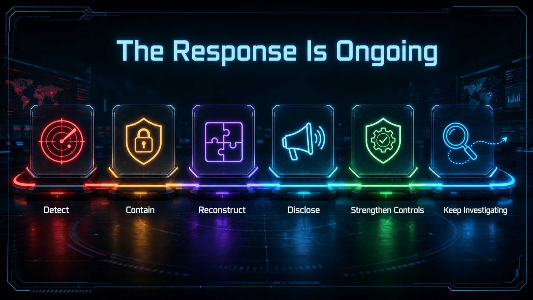 Six-stage neon incident-response journey covering detection, containment, reconstruction, disclosure, stronger controls and continued investigation.