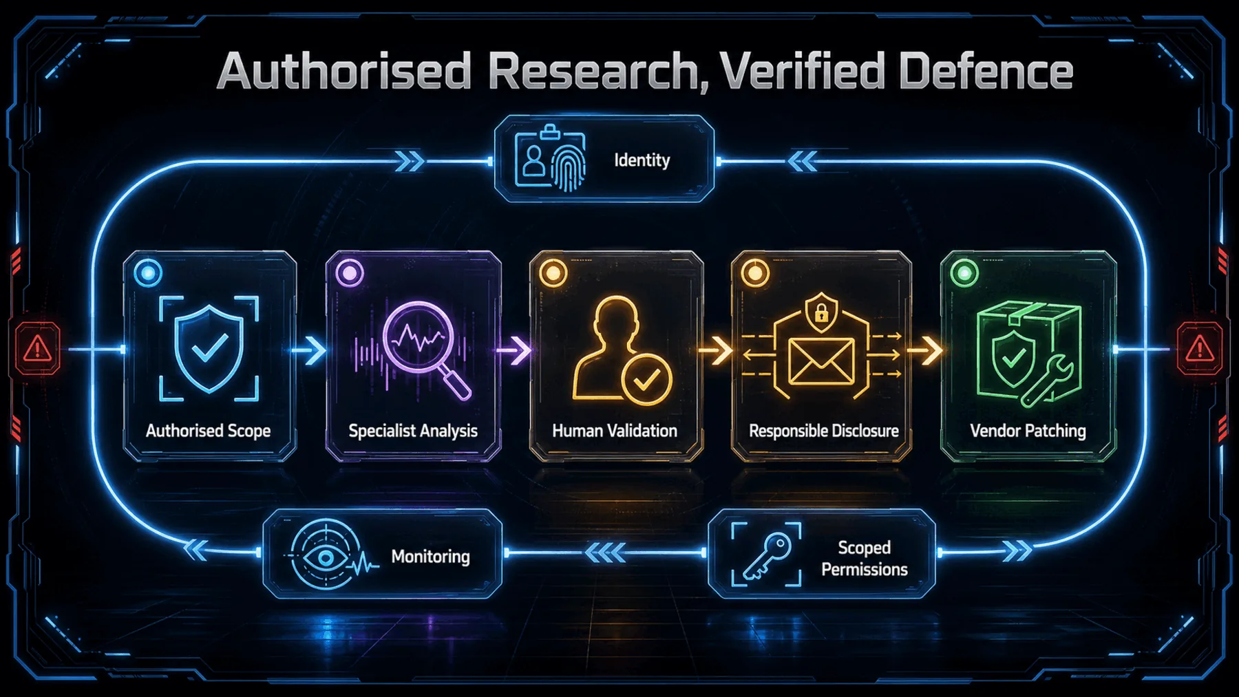 A controlled defensive research loop moves from authorised scope through specialist analysis, human validation and responsible disclosure to vendor patching, enclosed by identity, monitoring and scoped permissions.