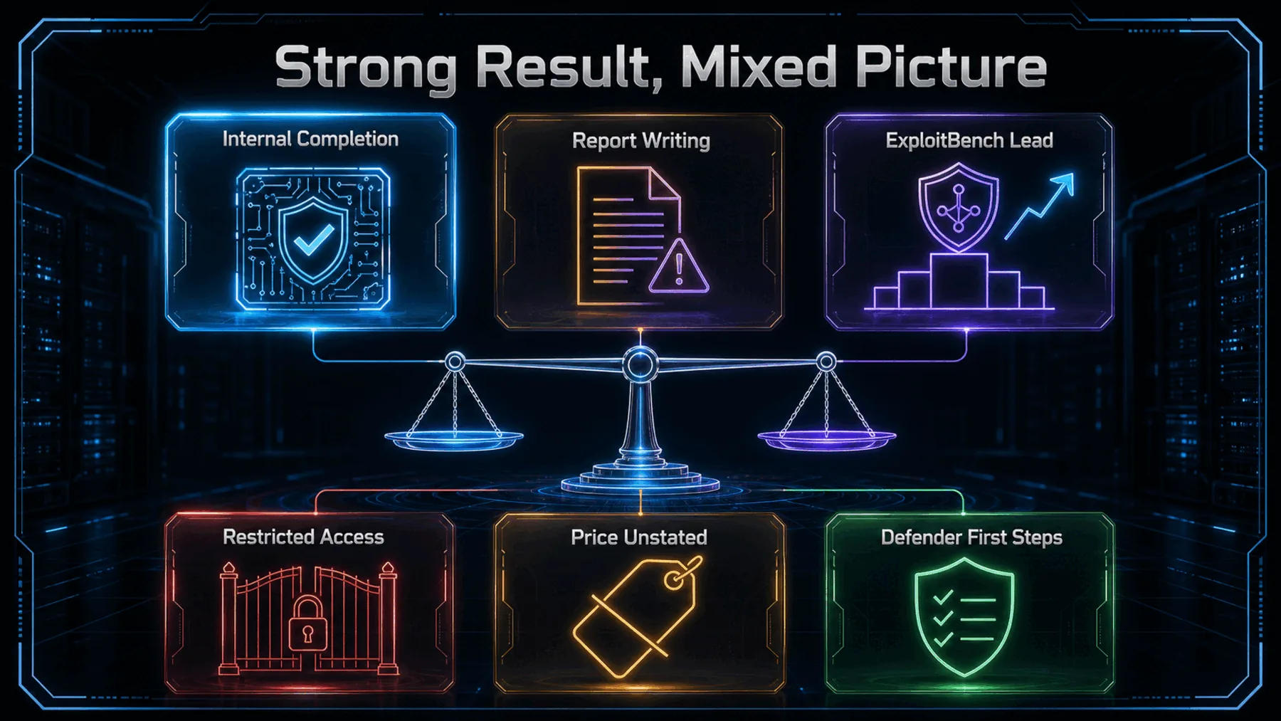 A balanced comparison places internal completion, report writing and an ExploitBench lead above practical cards for restricted access, unstated price and defender first steps.