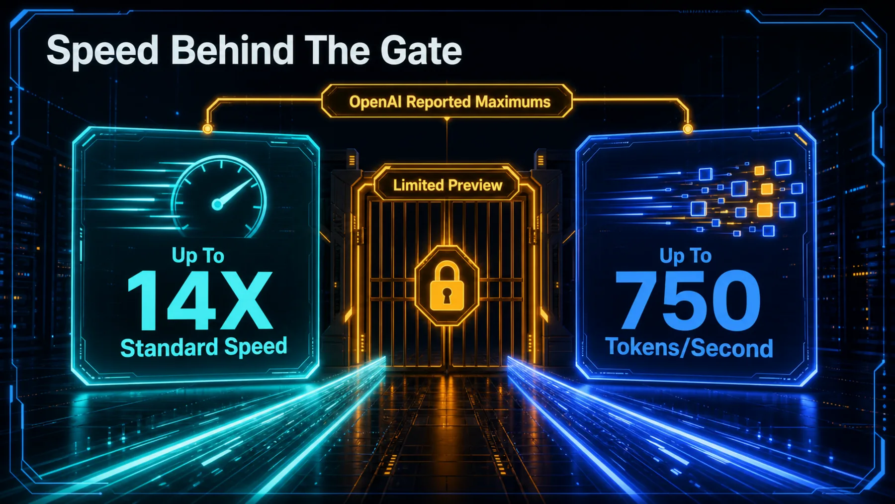 Two neon claim cards show OpenAI-reported maximums of up to 14X Standard speed and up to 750 tokens per second behind a limited-preview gate.
