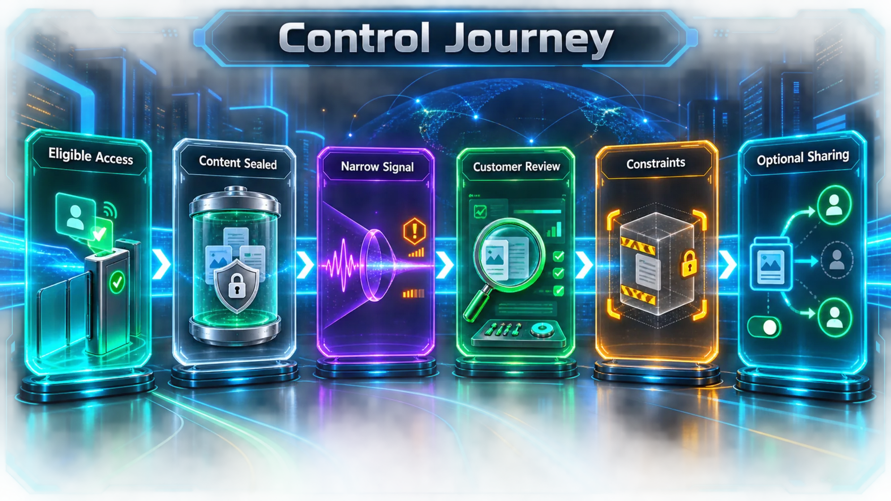 A neon customer-control journey showing sealed content, a narrow signal, customer review, constraints, and optional sharing.