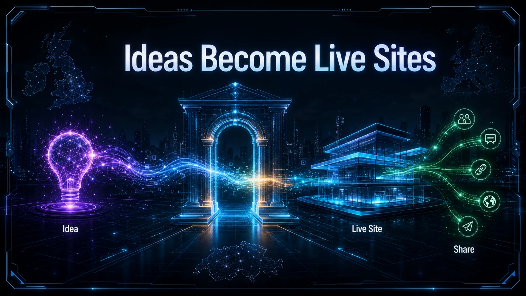 A luminous idea passes through a gateway, becoming a live site with sharing paths.