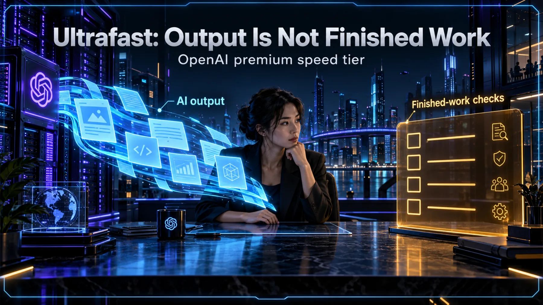 Conceptual person waiting beside flowing AI output, with a separate unfinished-work checklist, distinguishing output speed from completion.