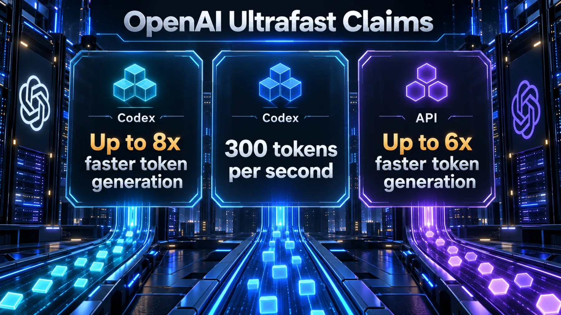 Three OpenAI claim cards: Codex up to 8x faster token generation and 300 tokens per second; API up to 6x faster token generation.