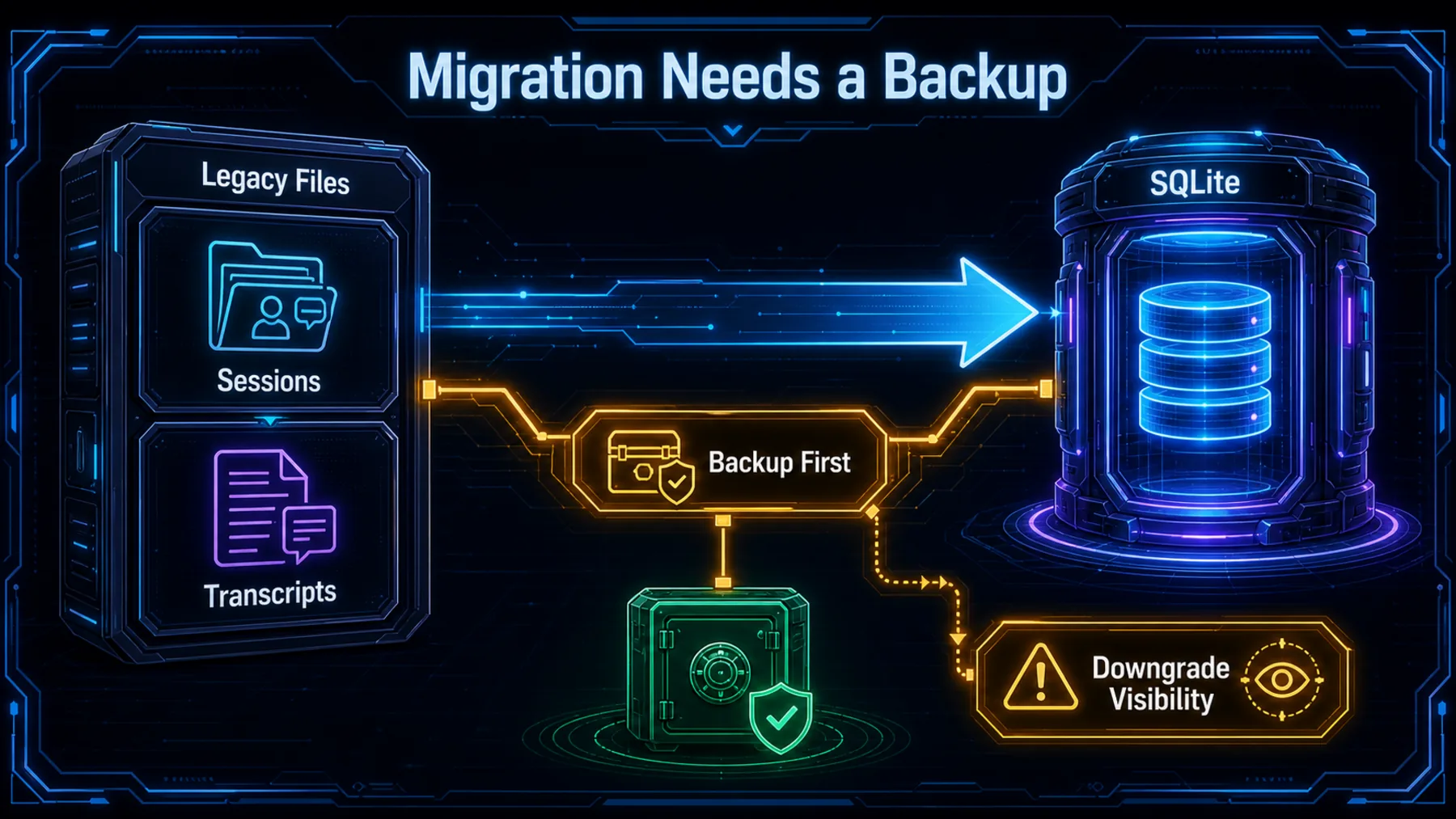 A neon migration diagram showing legacy files, sessions and transcripts moving to SQLite with backup-first and downgrade-visibility cautions.