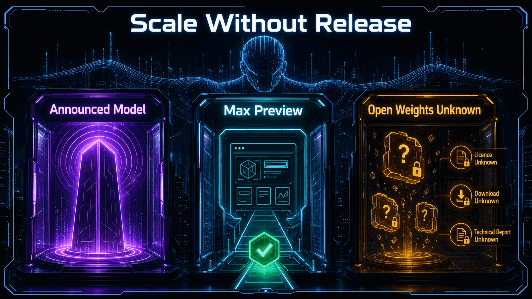 Three-state scale graphic separating the announced model, testable preview and unresolved open-weight artefacts.