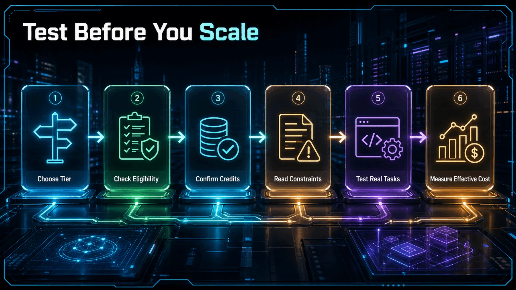 A six-step reader journey checks tier, eligibility, credits, constraints, real tasks and effective cost before scaling.