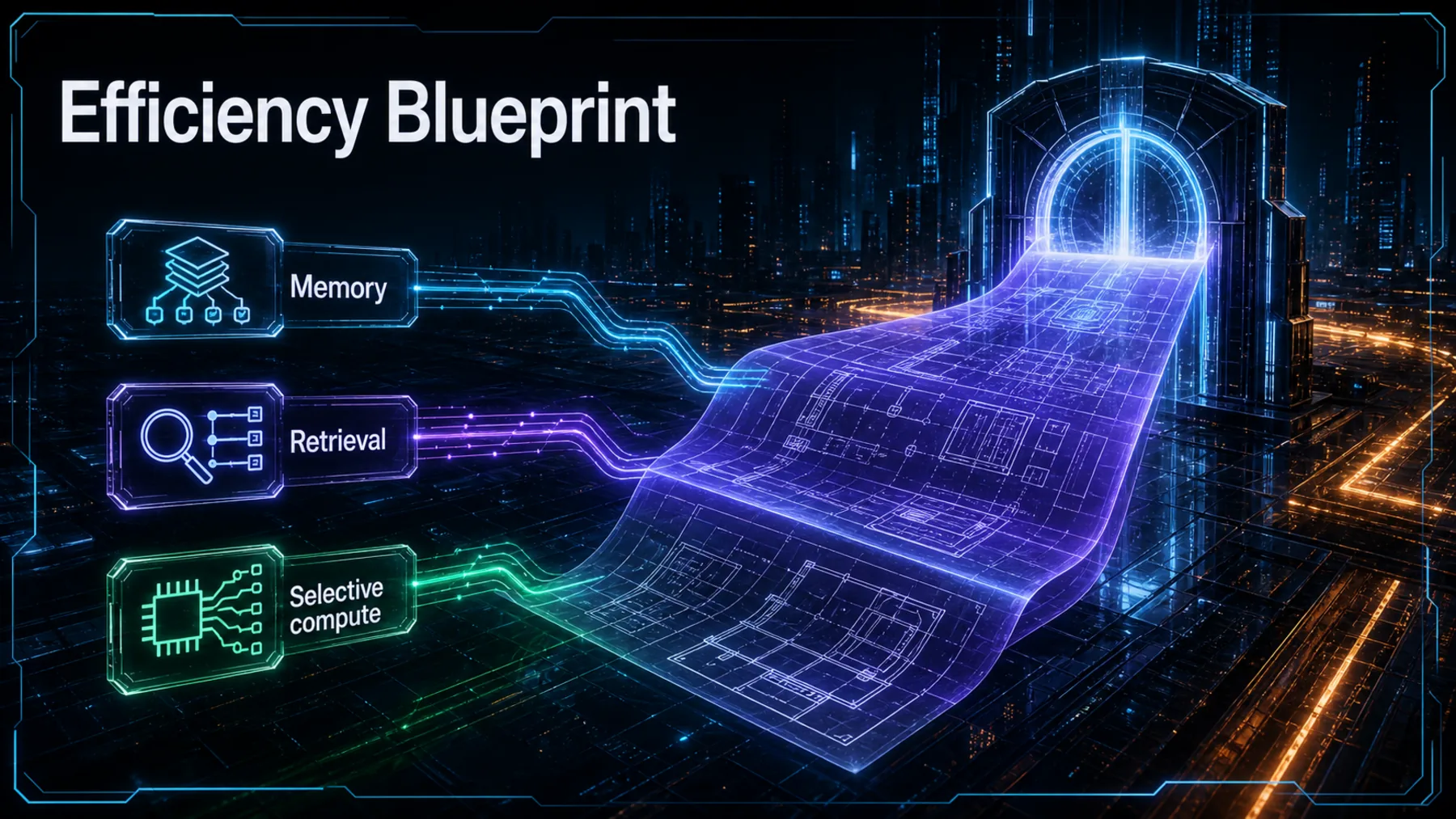 A luminous architectural blueprint passes through a future gate, fed by memory, retrieval and selective-compute paths.
