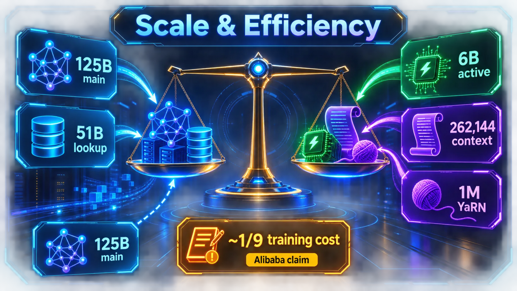 A luminous balance scale contrasts model capacity, active compute and context, with a qualified amber supplier claim.