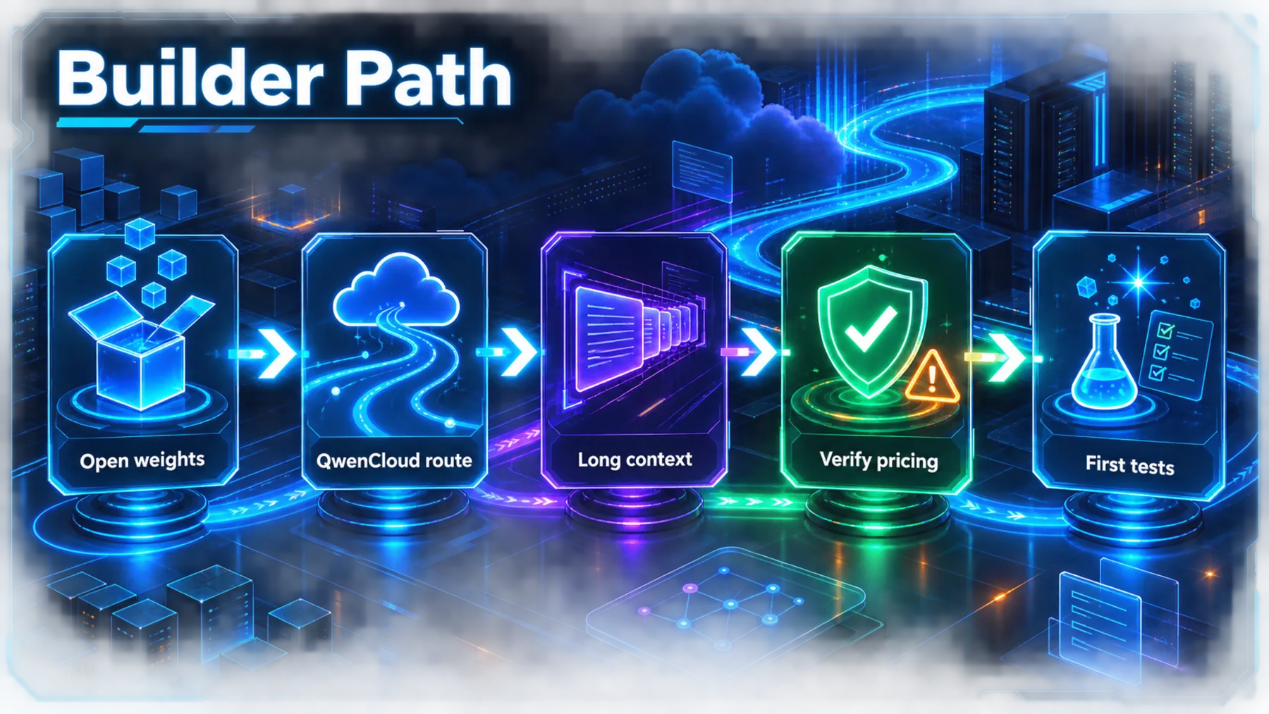 A five-step neon builder path from open weights to verified pricing and first tests.