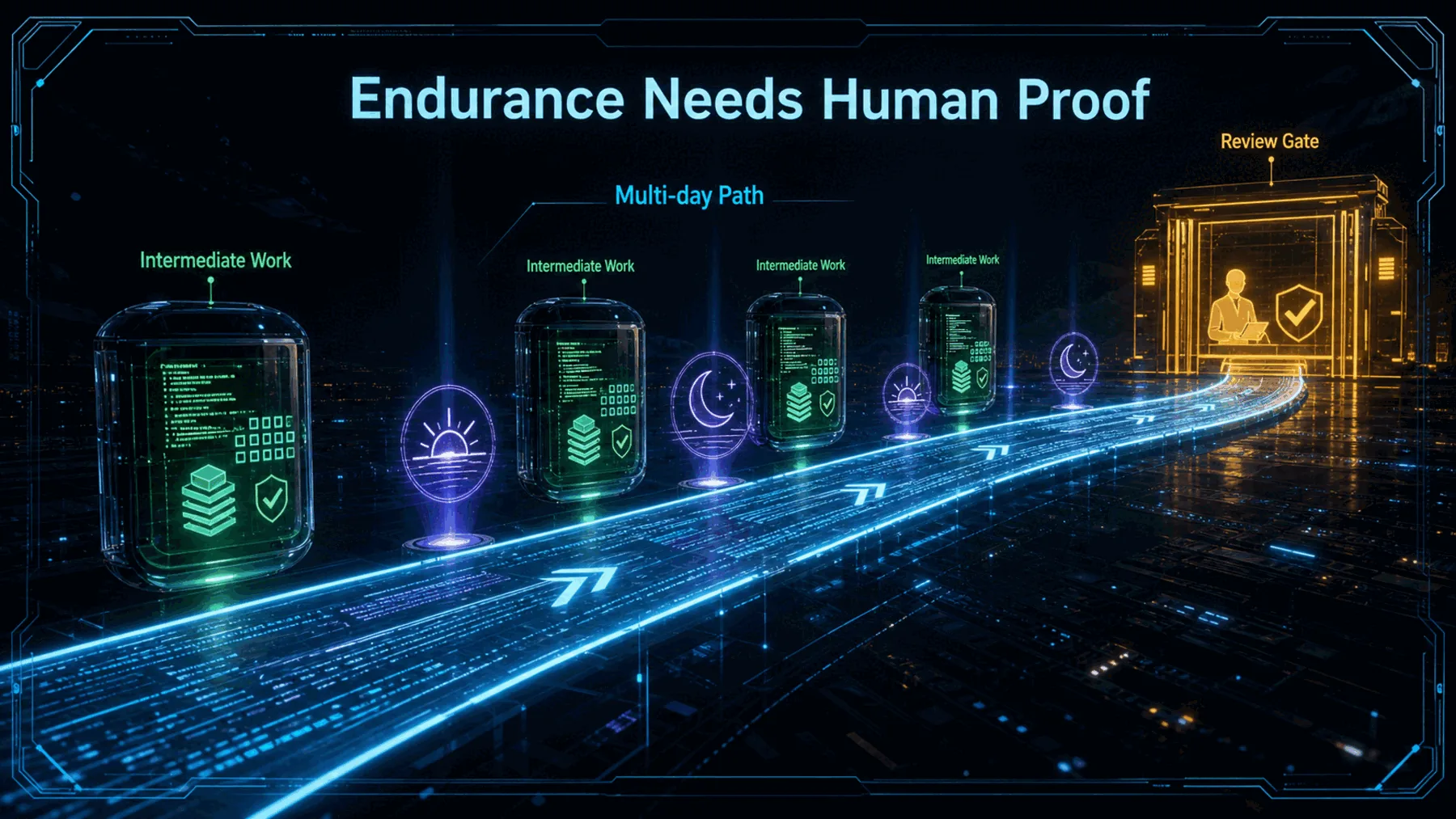 A conceptual multi-day coding path carrying intermediate work toward a human review gate.