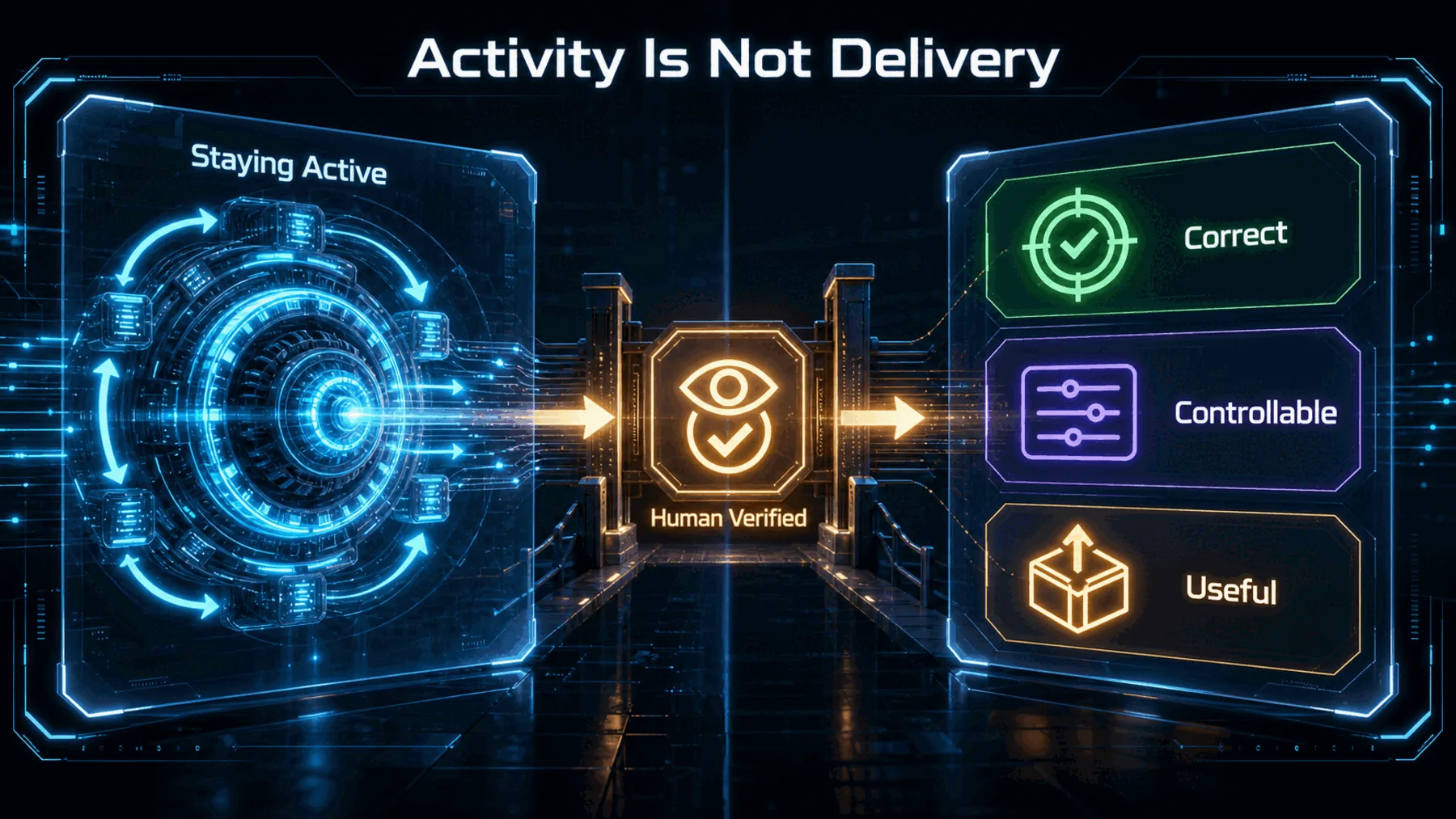 A running system passes through human verification before its work can be considered correct, controllable and useful.