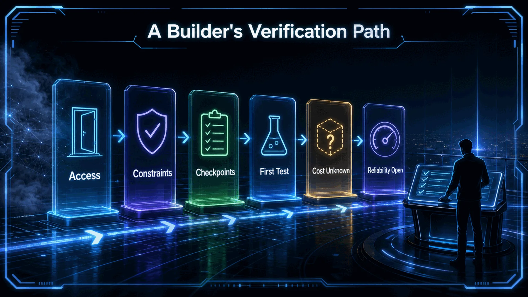 A builder verification journey covering access, constraints, checkpoints, a first test and unresolved cost and reliability.
